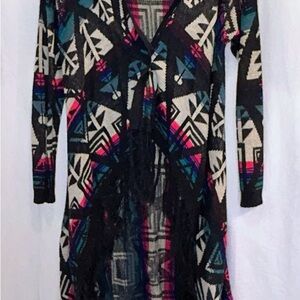 No Boundaries, blue & pink Southwestern/Aztec print cardigan, Size Large
